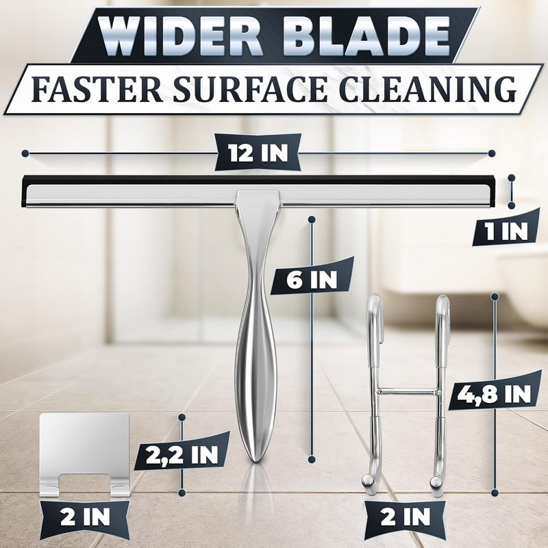 NOVSIX 12 Inch Silver All-Purpose Stainless Steel Shower Squeegee for Shower Glass Door with 2 Hooks (Adhesive & Regular), Bathroom Cleaner Tool, Window & Mirror Squeegee for Tile Walls, Car Glass Surfaces - Image 2